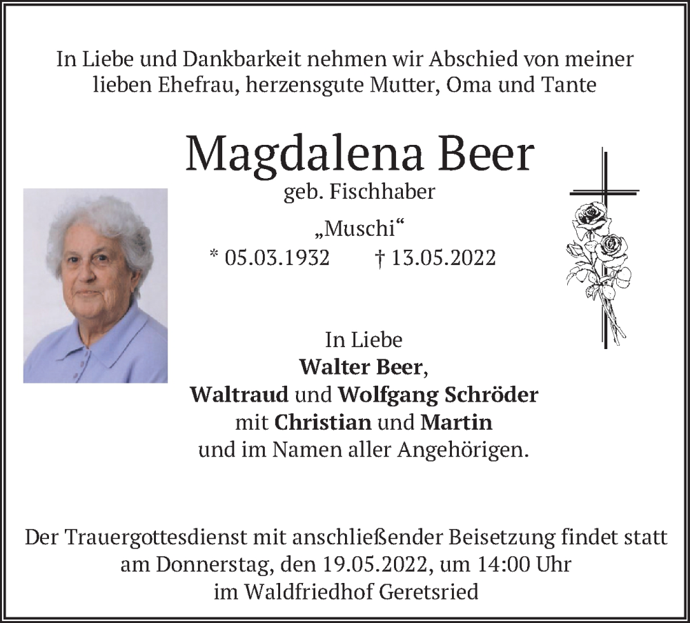 Traueranzeige für Magdalena Beer vom 17.05.2022 aus merkurtz