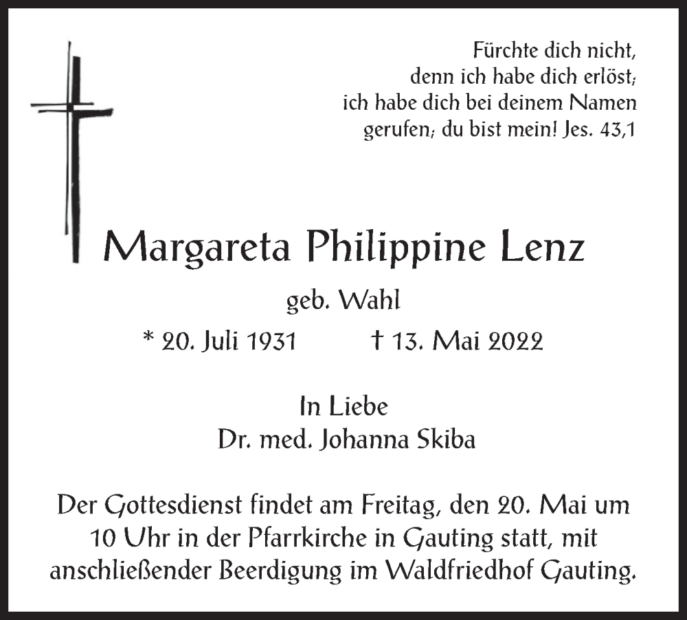  Traueranzeige für Margareta Philippine Lenz vom 18.05.2022 aus merkurtz