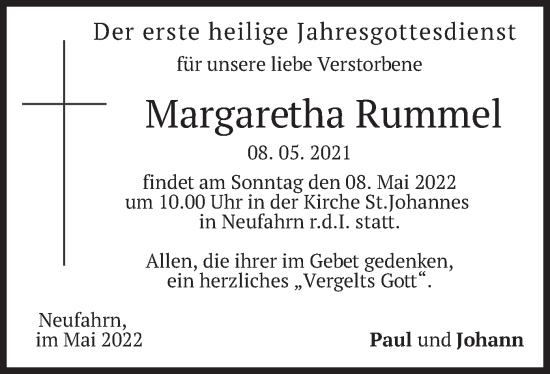 Traueranzeige von Margaretha Rummel von merkurtz