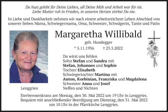 Traueranzeige von Margaretha Willibald von merkurtz