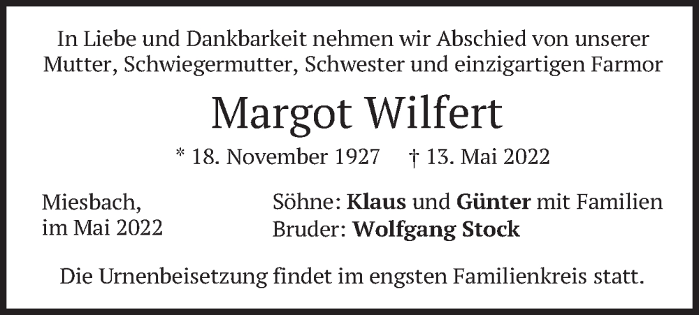  Traueranzeige für Margot Wilfert vom 21.05.2022 aus merkurtz