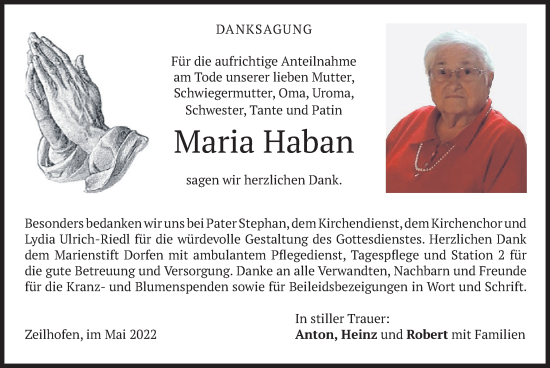 Traueranzeige von Maria Haban von merkurtz