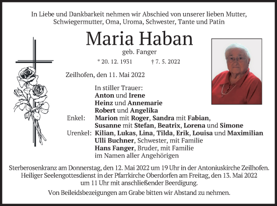 Traueranzeige von Maria Haban von merkurtz