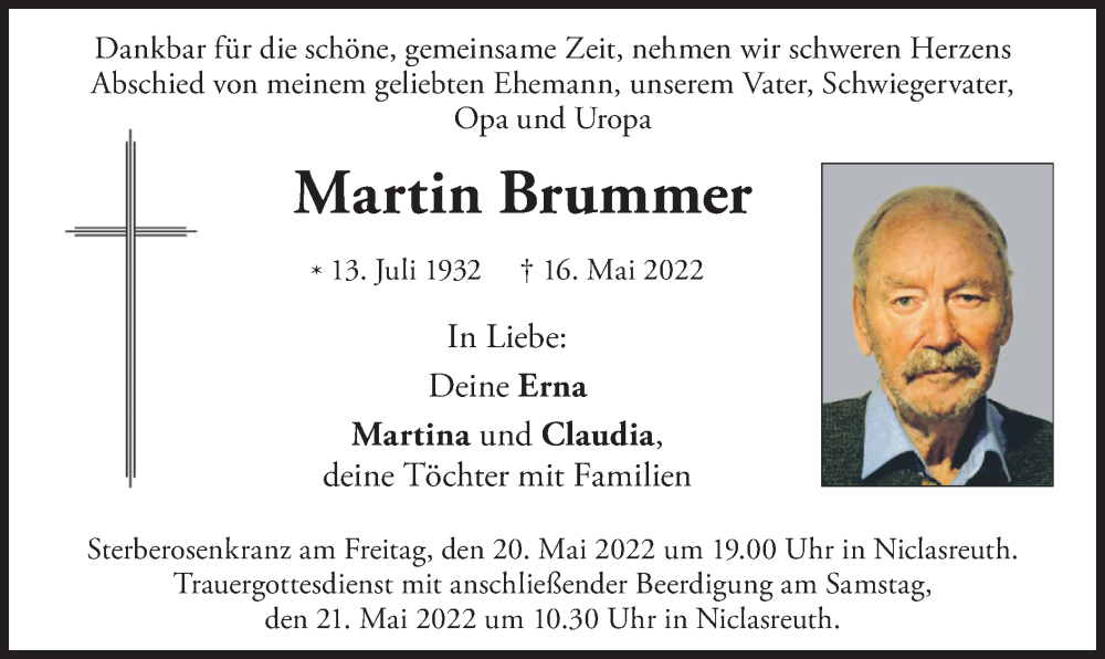  Traueranzeige für Martin Brummer vom 19.05.2022 aus merkurtz