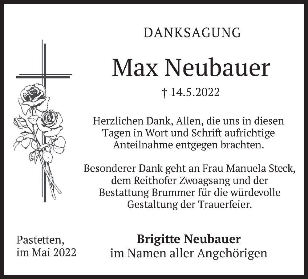  Traueranzeige für Max Neubauer vom 28.05.2022 aus merkurtz