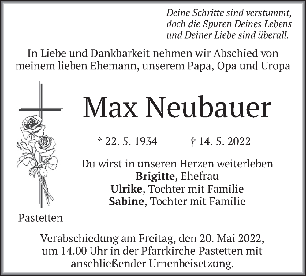  Traueranzeige für Max Neubauer vom 18.05.2022 aus merkurtz