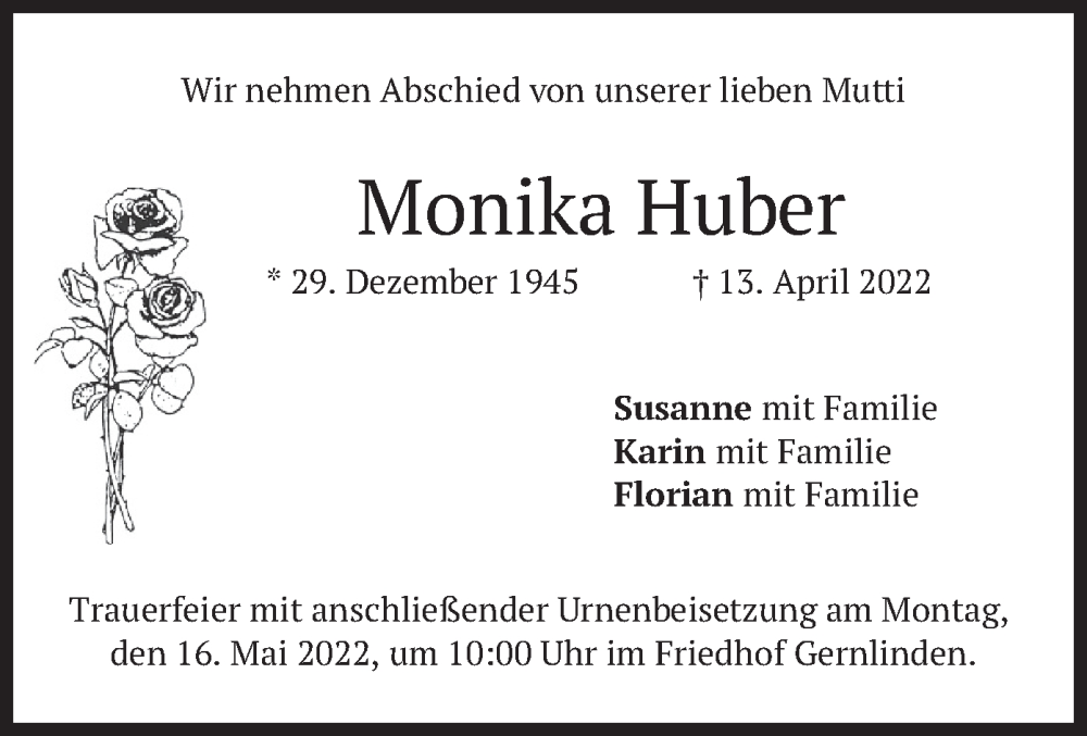  Traueranzeige für Monika Huber vom 07.05.2022 aus merkurtz