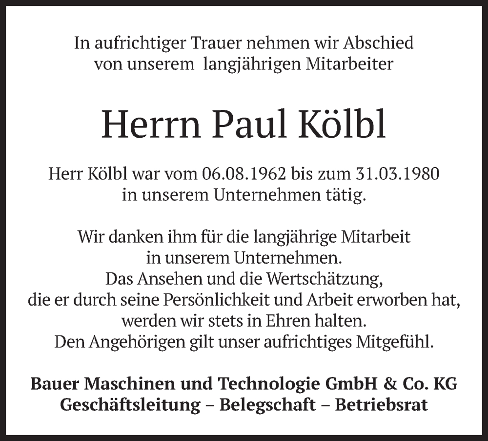  Traueranzeige für Paul Kölbl vom 27.05.2022 aus merkurtz