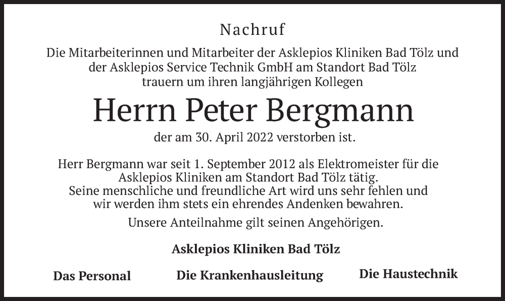  Traueranzeige für Peter Bergmann vom 16.05.2022 aus merkurtz