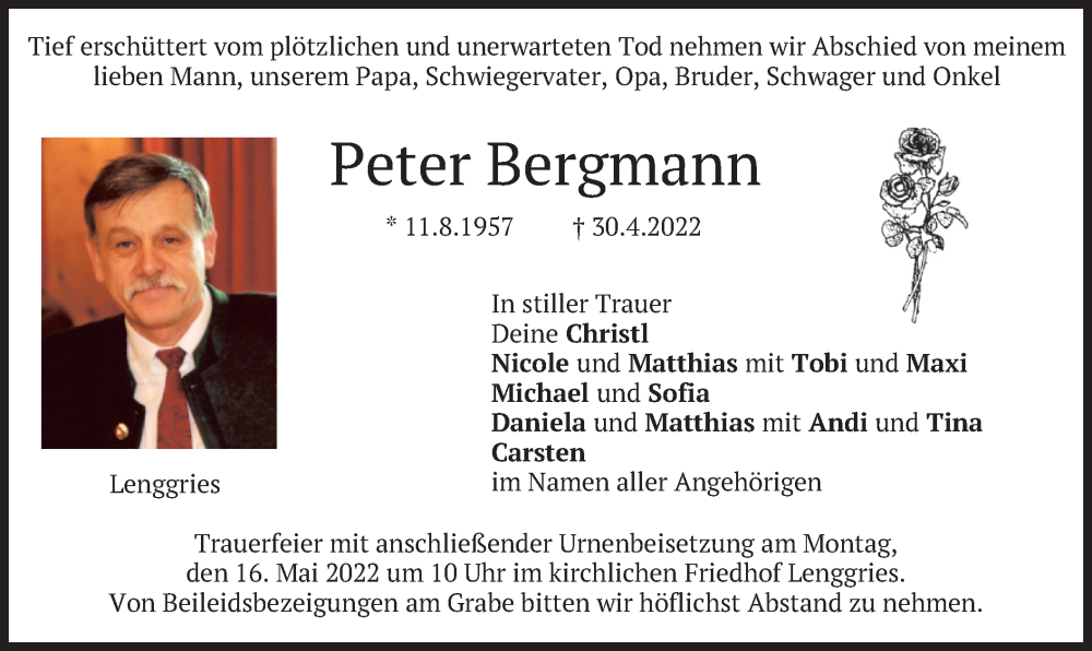  Traueranzeige für Peter Bergmann vom 14.05.2022 aus merkurtz