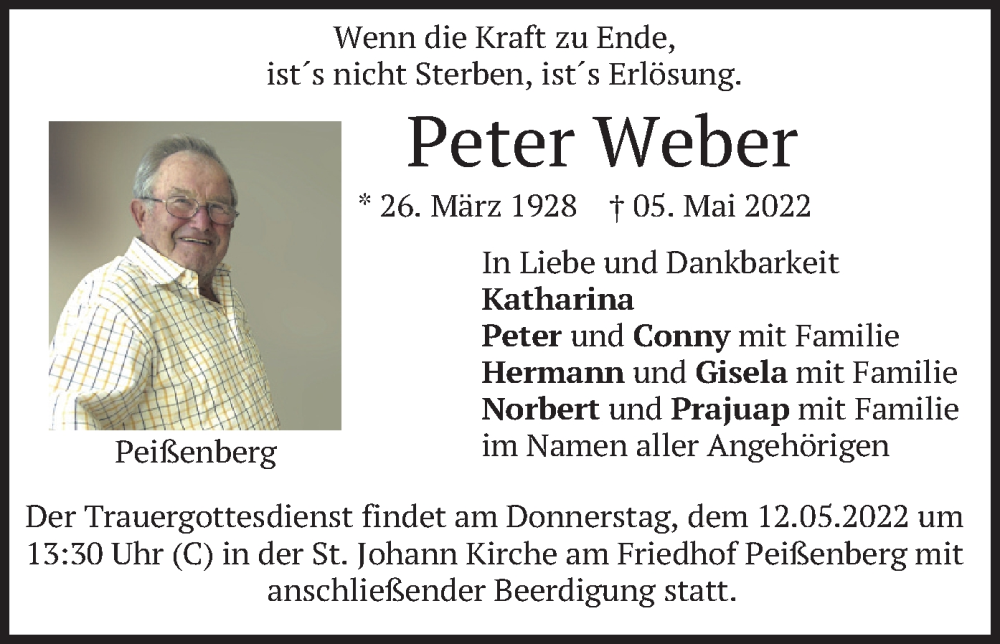  Traueranzeige für Peter Weber vom 10.05.2022 aus merkurtz