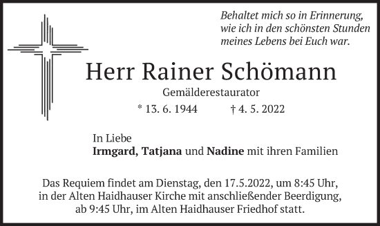 Traueranzeige von Rainer Schömann von merkurtz