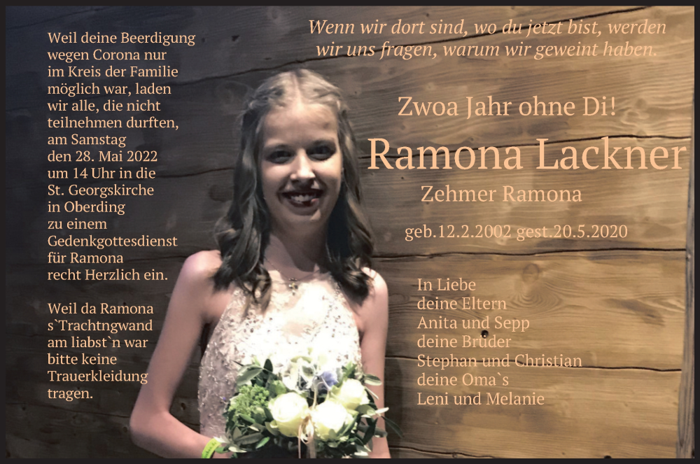  Traueranzeige für Ramona Lackner vom 20.05.2022 aus merkurtz