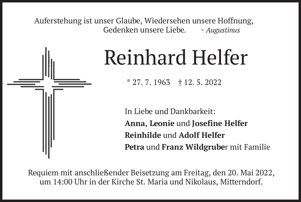  Traueranzeige für Reinhard Helfer vom 17.05.2022 aus merkurtz