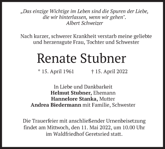 Traueranzeige von Renate Stubner von merkurtz