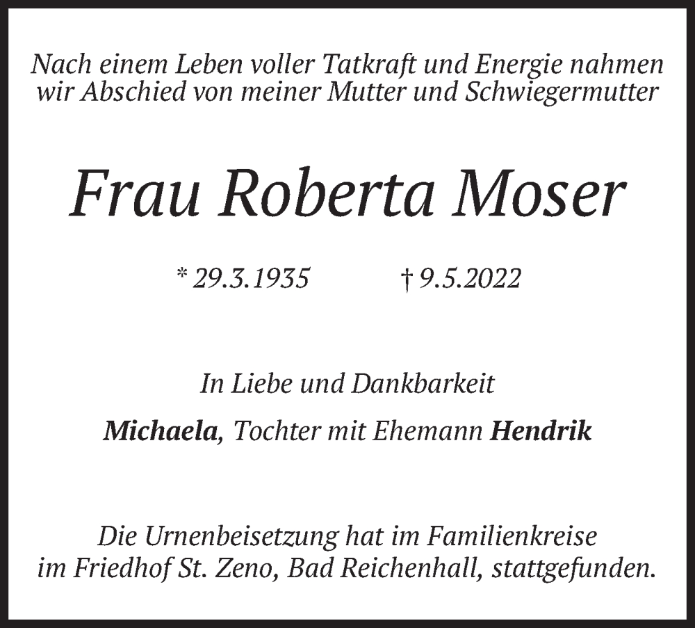  Traueranzeige für Roberta Moser vom 21.05.2022 aus merkurtz
