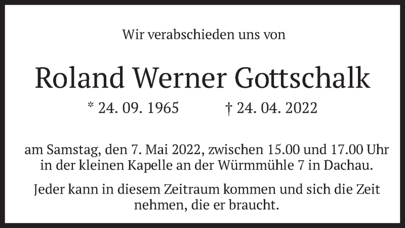  Traueranzeige für Roland Werner Gottschalk vom 03.05.2022 aus merkurtz