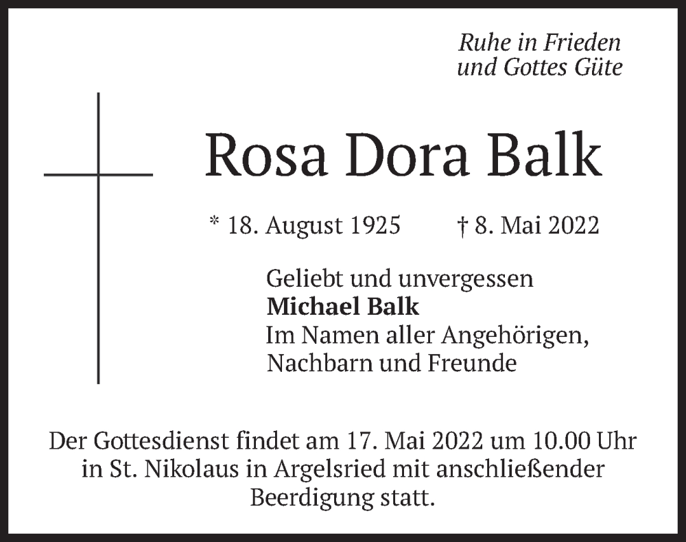  Traueranzeige für Rosa Dora Balk vom 14.05.2022 aus merkurtz