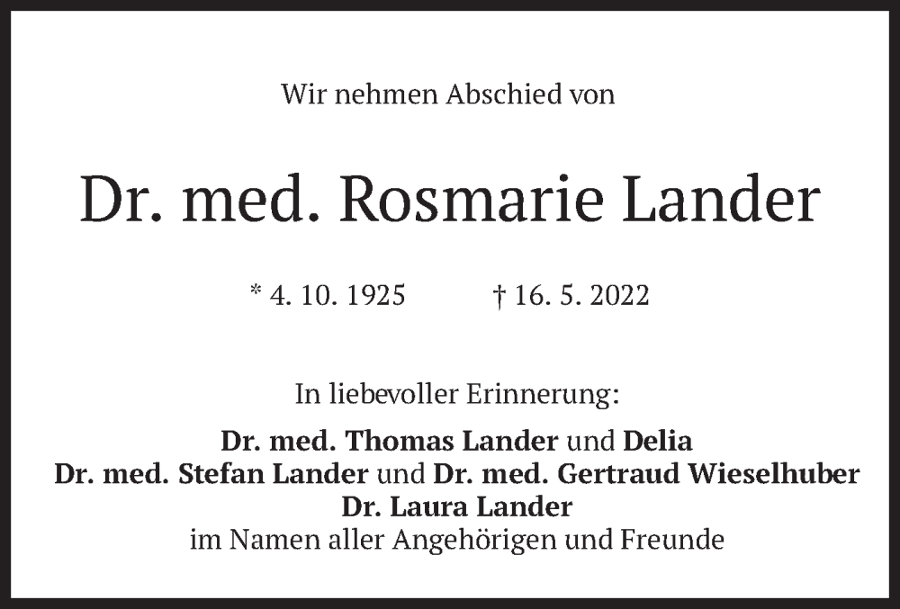  Traueranzeige für Rosmarie Lander vom 21.05.2022 aus merkurtz