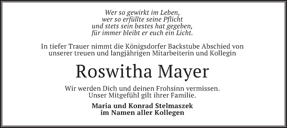  Traueranzeige für Roswitha Mayer vom 10.05.2022 aus merkurtz