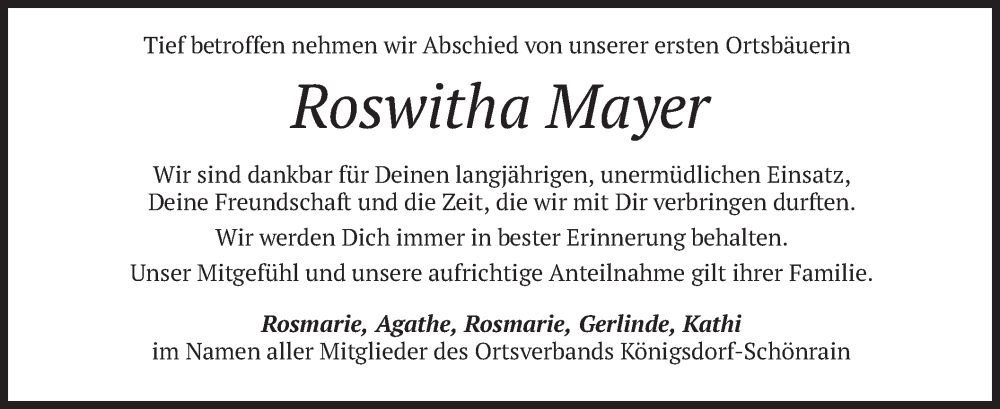  Traueranzeige für Roswitha Mayer vom 11.05.2022 aus merkurtz