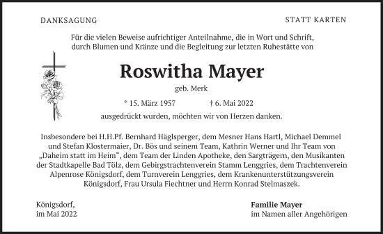 Traueranzeige von Roswitha Mayer von merkurtz