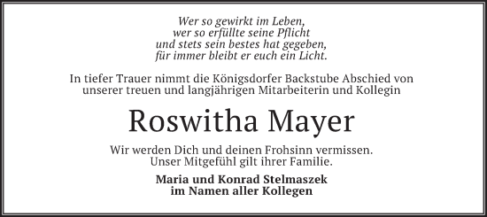 Traueranzeige von Roswitha Mayer von merkurtz