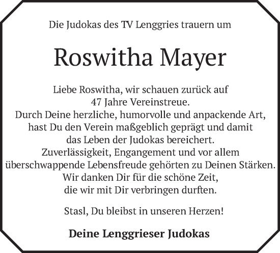 Traueranzeige von Roswitha Mayer von merkurtz