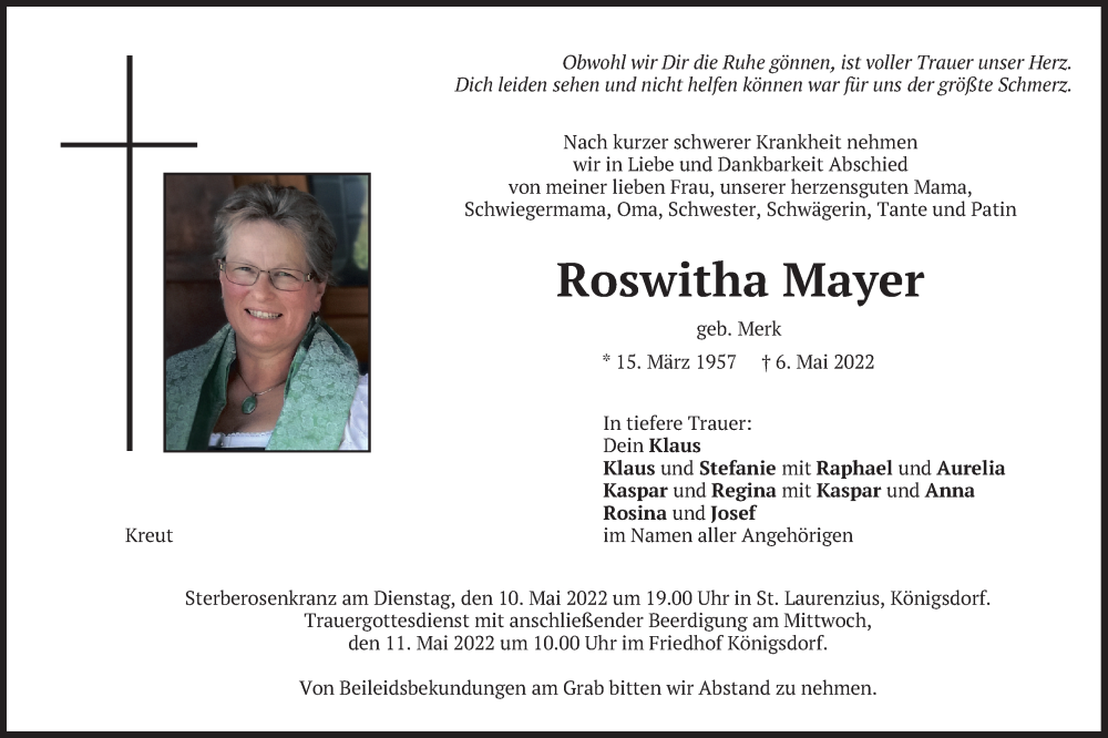  Traueranzeige für Roswitha Mayer vom 09.05.2022 aus merkurtz
