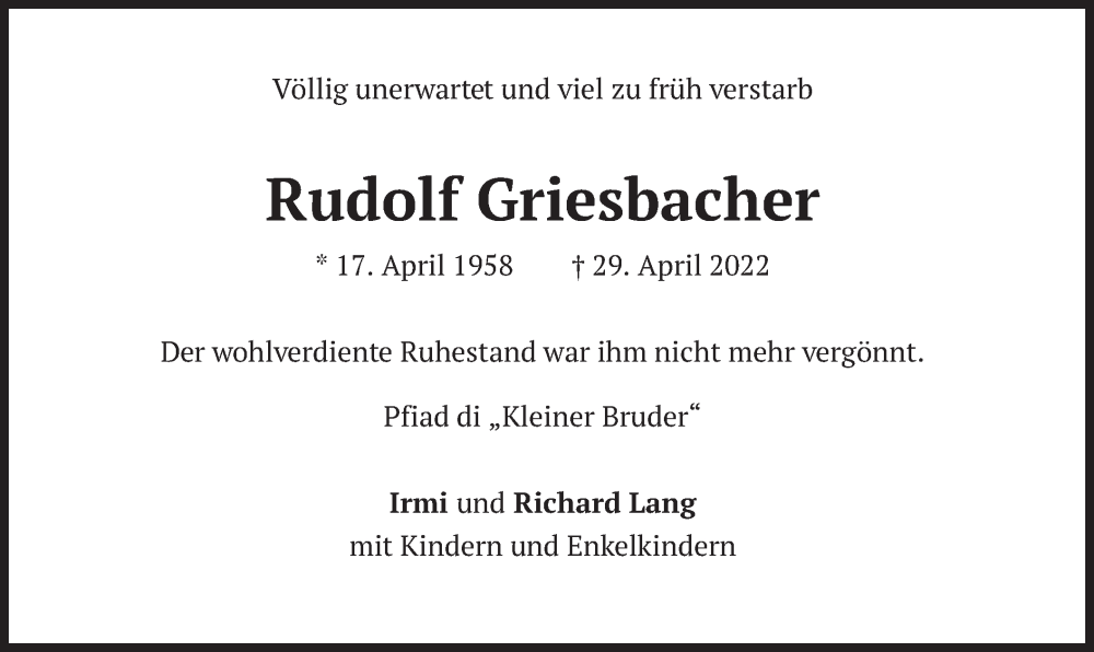  Traueranzeige für Rudolf Griesbacher vom 07.05.2022 aus merkurtz