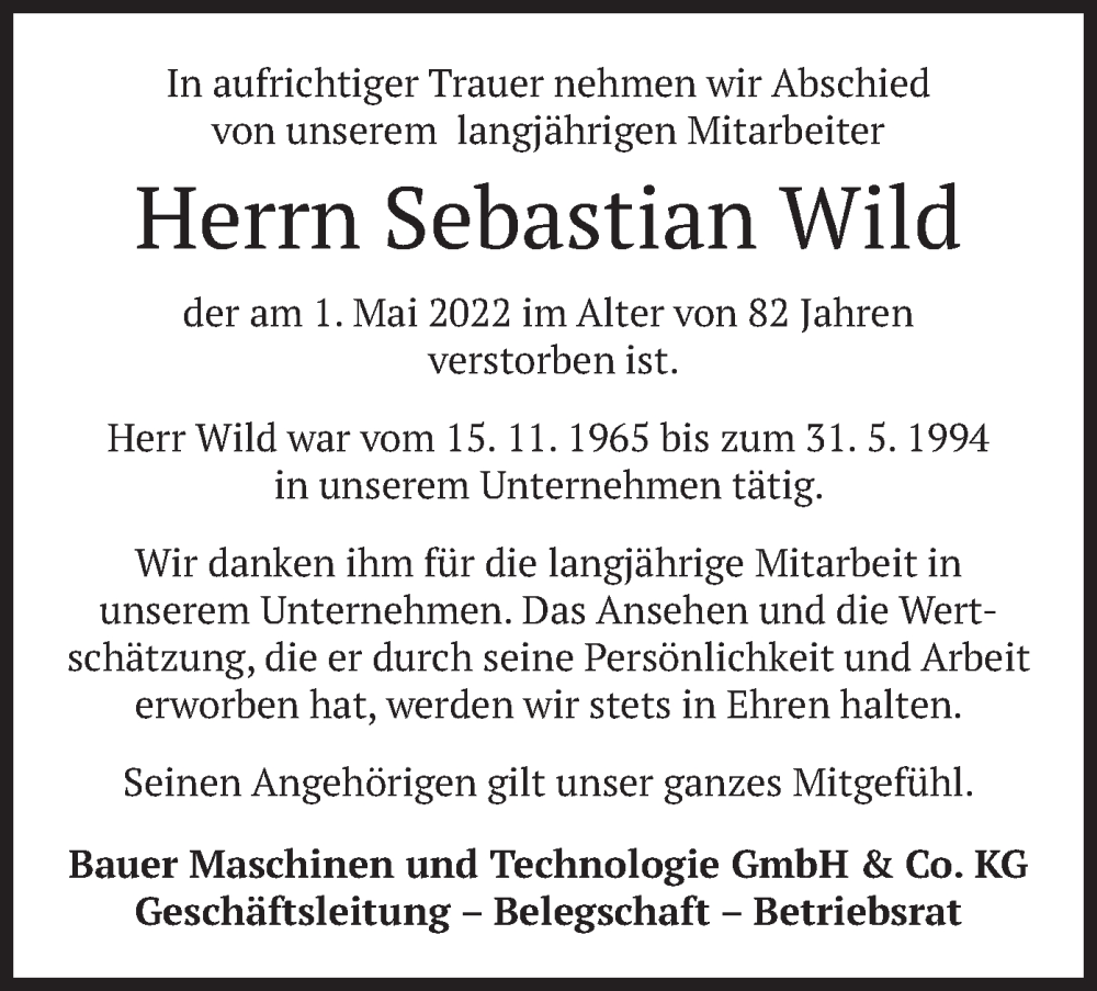  Traueranzeige für Sebastian Wild vom 16.05.2022 aus merkurtz