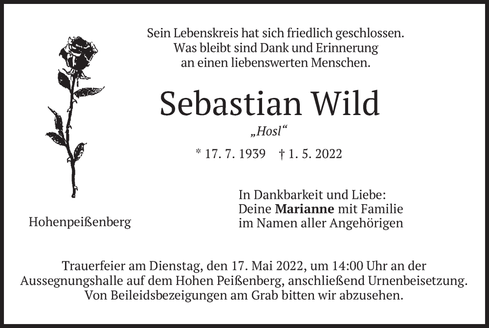  Traueranzeige für Sebastian Wild vom 13.05.2022 aus merkurtz