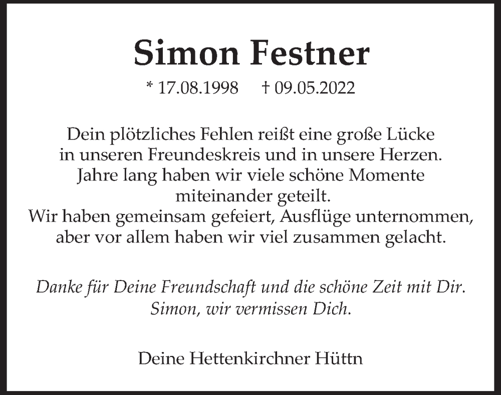  Traueranzeige für Simon Festner vom 19.05.2022 aus merkurtz