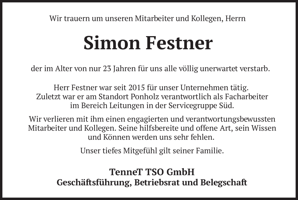  Traueranzeige für Simon Festner vom 13.05.2022 aus merkurtz