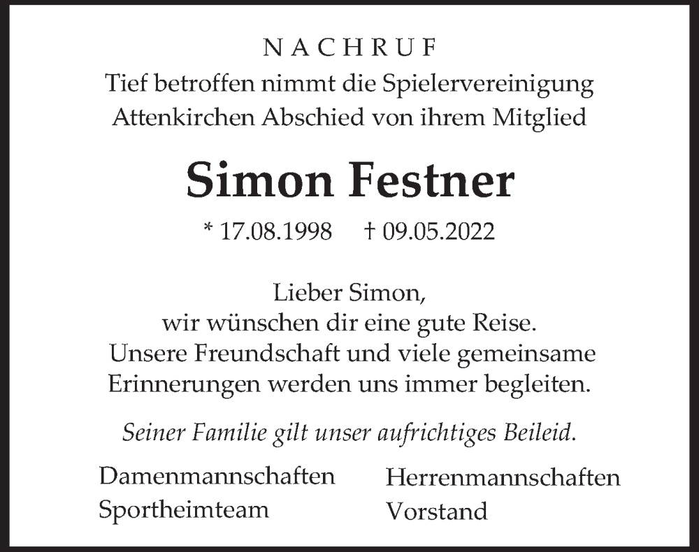  Traueranzeige für Simon Festner vom 14.05.2022 aus merkurtz