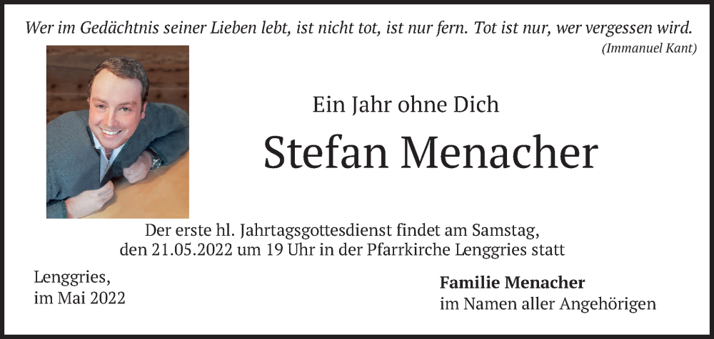  Traueranzeige für Stefan Menacher vom 20.05.2022 aus merkurtz