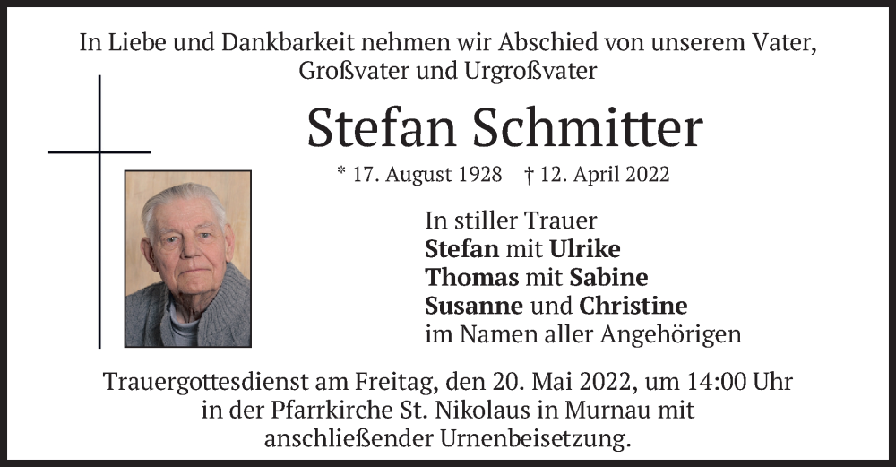  Traueranzeige für Stefan Schmitter vom 14.05.2022 aus merkurtz