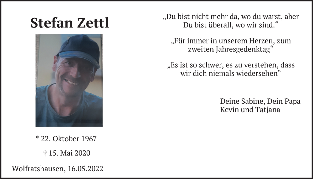  Traueranzeige für Stefan Zettl vom 16.05.2022 aus merkurtz