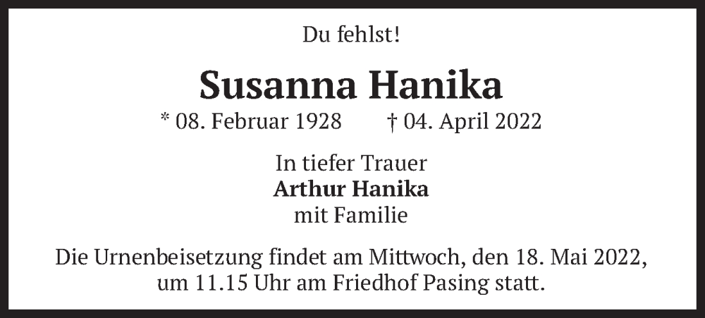  Traueranzeige für Susanna Hanika vom 14.05.2022 aus merkurtz
