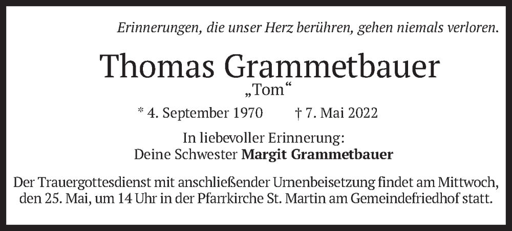  Traueranzeige für Thomas Grammetbauer vom 21.05.2022 aus merkurtz