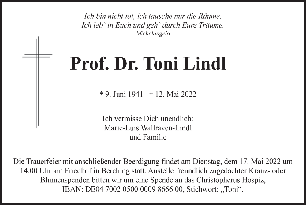  Traueranzeige für Toni Lindl vom 14.05.2022 aus merkurtz