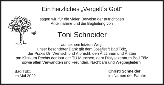 Traueranzeige von Toni Schneider von merkurtz