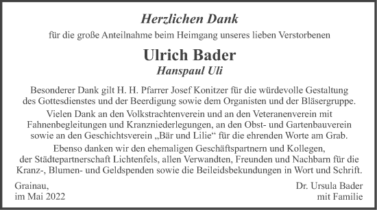 Traueranzeige von Ulrich Bader von merkurtz