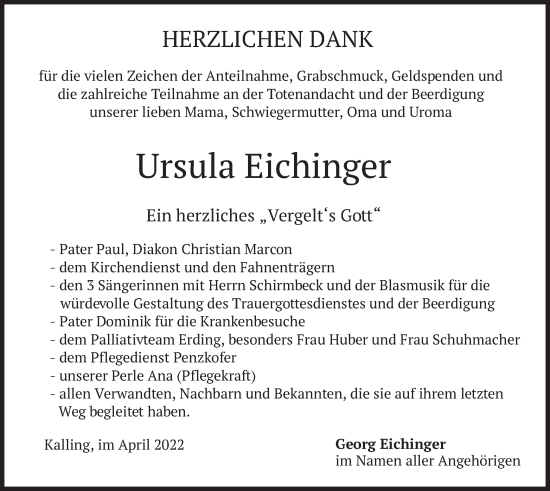 Traueranzeige von Ursula Eichinger von merkurtz