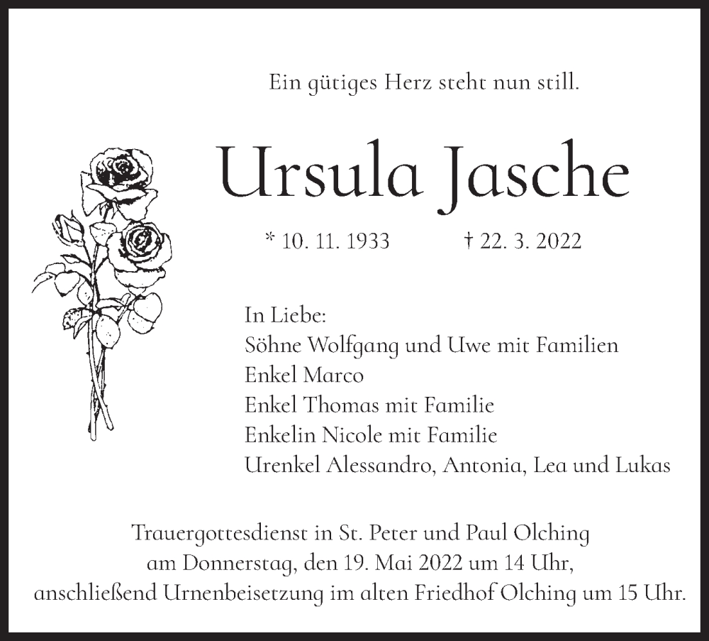  Traueranzeige für Ursula Jasche vom 14.05.2022 aus merkurtz