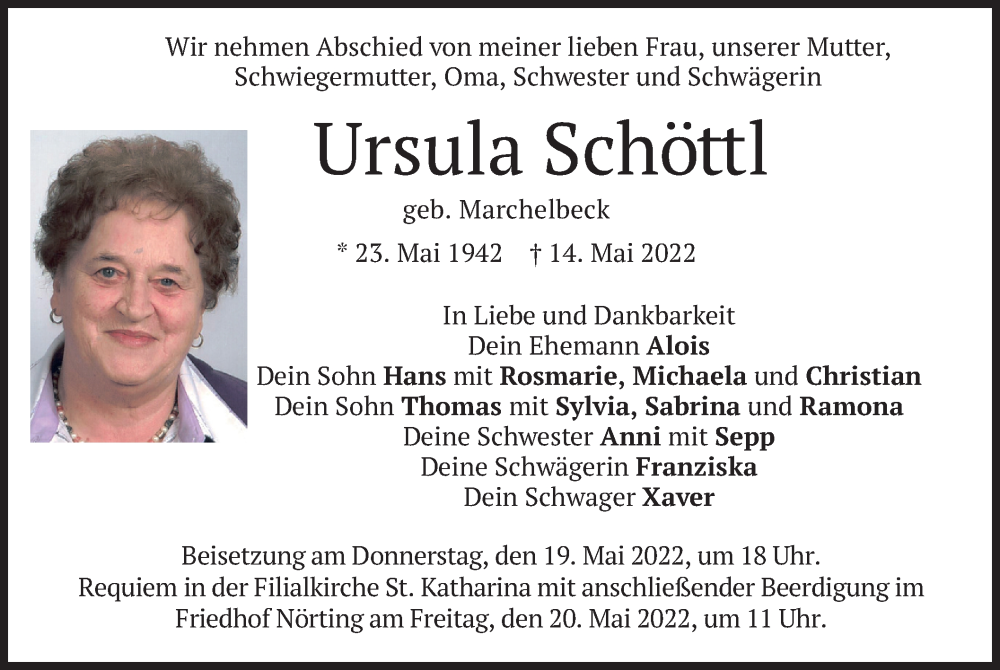  Traueranzeige für Ursula Schöttl vom 18.05.2022 aus merkurtz