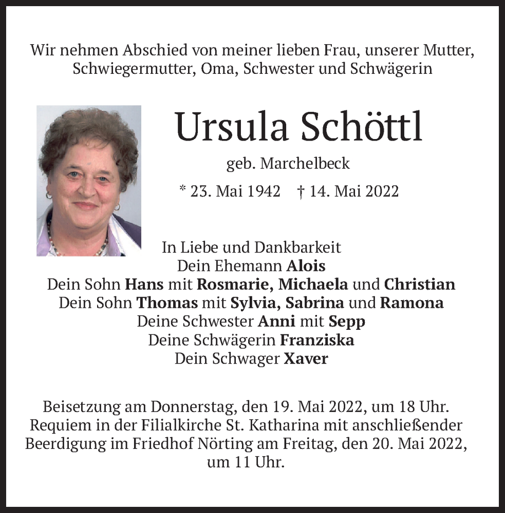  Traueranzeige für Ursula Schöttl vom 17.05.2022 aus merkurtz