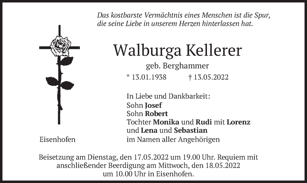  Traueranzeige für Walburga Kellerer vom 14.05.2022 aus merkurtz