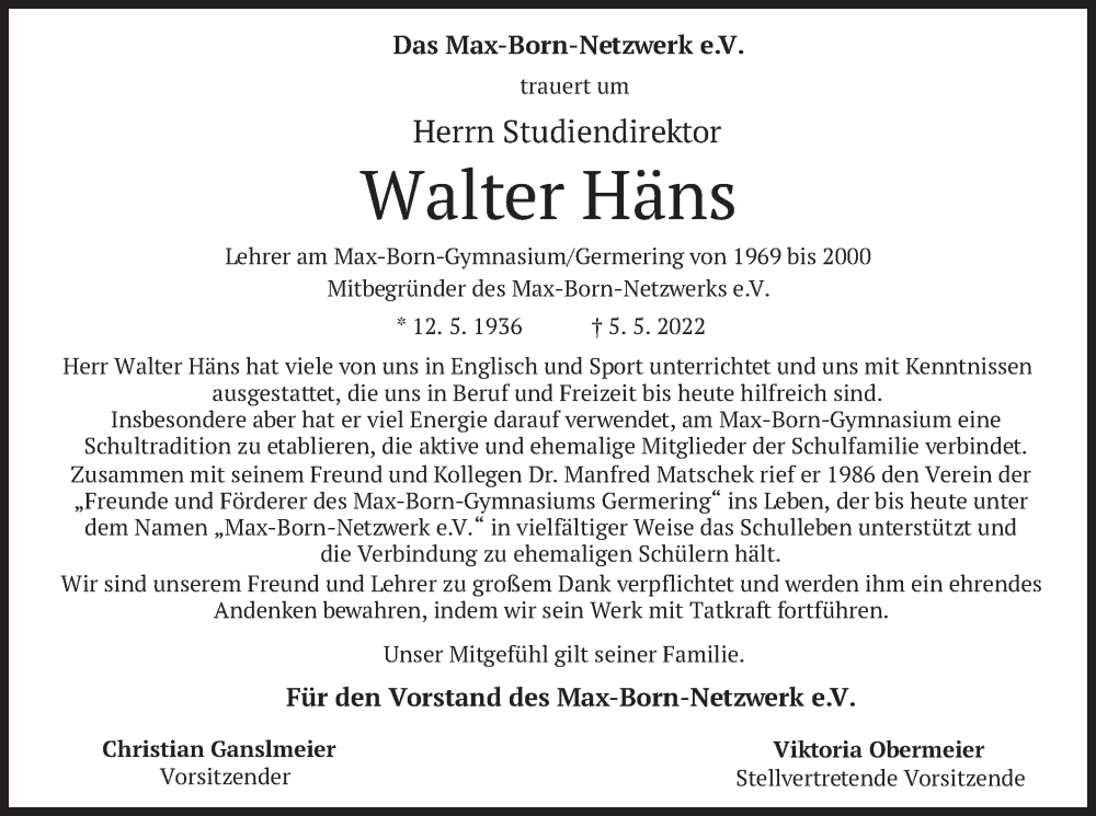  Traueranzeige für Walter Häns vom 28.05.2022 aus merkurtz
