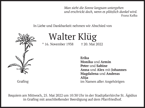 Traueranzeige von Walter Klüg von merkurtz